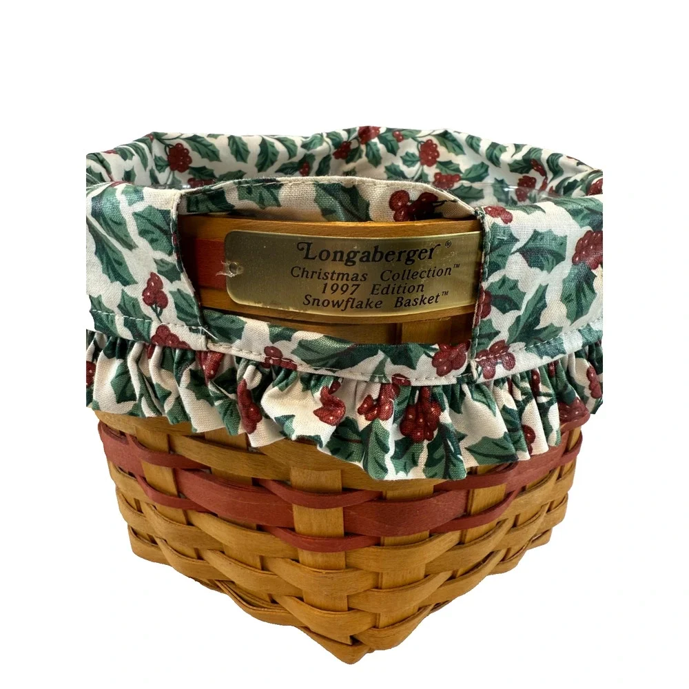 1997 Longaberger Snowflake Basket Holly Liner Protector & Lid Christmas